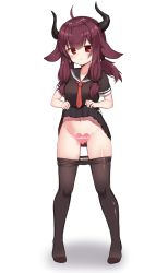 Rule 34 | 1girl, :o, ahoge, animal ears, bad id, bad pixiv id, black sailor collar, black shirt, black skirt, breasts, brown hair, brown pantyhose, censored, clothes lift, clothes pull, commentary, commission, copyright request, curled horns, english commentary, full body, ginka (gink a), gluteal fold, groin, hair between eyes, heart, heart censor, highres, horns, lifted by self, long hair, looking at viewer, low twintails, medium breasts, navel, necktie, no shoes, panties, panty pull, pantyhose, pantyhose pull, parted lips, pleated skirt, red eyes, red necktie, sailor collar, school uniform, serafuku, shadow, shirt, short sleeves, sidelocks, skirt, skirt lift, solo, standing, twintails, underwear, white background, white panties