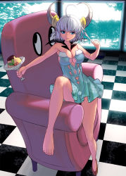 Rule 34 | 1girl, :p, ahoge, argyle, argyle clothes, argyle cutout, armchair, barefoot, blue eyes, breasts, chair, cleavage, cleavage cutout, clothing cutout, detached collar, dress, feet, food, full body, highres, horns, kouno (masao), large breasts, original, pudding, shoes, short hair, silver hair, single shoe, sitting, sleeveless, sleeveless dress, smile, solo, spoon, tongue, tongue out