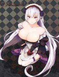Rule 34 | 1girl, absurdly long hair, bare shoulders, blush, breasts, character request, cleavage, closed mouth, highres, kneeling, large breasts, long hair, looking at viewer, maid headdress, purple eyes, solo, thighhighs, very long hair, white hair, white thighhighs, wonderland wars