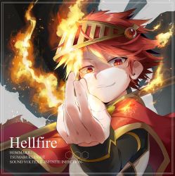 Rule 34 | 1boy, capelet, character name, copyright name, english text, evil smile, fire, holding, holding weapon, looking at viewer, male focus, red capelet, red eyes, red hair, ryura (negi-mamire), short hair, smile, solo, sound voltex, tagme, tsumabuki right, weapon