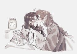 Rule 34 | 2girls, black gloves, black hair, blush, braces, brown hair, closed eyes, collared shirt, commentary, glasses, gloves, greyscale, heart, highres, holding, holding paper, jar, kiss, kissing cheek, long hair, long sleeves, monochrome, multiple girls, mummeemeemama, paper, reverse:1999, shirt, symbol-only commentary, tooth fairy (reverse:1999), yuri, z (reverse:1999)