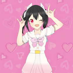 Rule 34 | 1girl, a song for you! you? you!, absurdres, artist name, artist request, belt, black hair, blush, bow, collarbone, female focus, hair bow, highres, looking at viewer, love live!, love live! school idol project, mikimotomoto, neckerchief, nico nico nii, one eye closed, parted lips, pink background, pink neckerchief, red eyes, sailor collar, shirt, short hair, skirt, smile, solo, twintails, white belt, white bow, white shirt, white skirt, yazawa nico