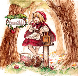 Rule 34 | 1girl, apple, basket, blonde hair, blood, bloody weapon, blue eyes, boots, bottle, chainsaw, eating, flower, food, fruit, garactor aduki, grass, highres, hood, little red riding hood, looking at viewer, open mouth, painting (medium), ribbon, skirt, solo, traditional media, tree, urotsuki, watercolor (medium), watercolor pencil (medium), weapon, yume 2kki