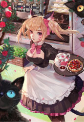 Rule 34 | 1girl, adapted costume, animal ears, apron, black cat, black cat d.va, black dress, black gloves, blonde hair, bow, bowtie, branch, breasts, brown eyes, cake, cat, cat ears, cat tail, cleavage, cleavage cutout, clothing cutout, cowboy shot, cup, d.va (overwatch), day, dress, eyeliner, facepaint, facial mark, food, gloves, hair bow, hair ribbon, holding, holding tray, jewelry, large breasts, long sleeves, looking at viewer, maid, maid apron, makeup, messy hair, official alternate costume, outdoors, overwatch, overwatch 1, pantyhose, parted lips, pink bow, puffy long sleeves, puffy sleeves, ribbon, short sleeves, solo, standing, tail, teacup, teapot, tray, twintails, whisker markings, ziiiing