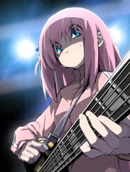 Rule 34 | 1girl, blue eyes, blurry, blurry background, bocchi the rock!, closed mouth, cube hair ornament, gotoh hitori, guitar, hair between eyes, hair ornament, highres, holding, holding guitar, holding instrument, instrument, jacket, long hair, music, one side up, pink hair, pink jacket, playing instrument, plectrum, shaded face, solo, sweat, track jacket, upper body, very long hair, yachima tana
