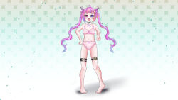 Rule 34 | 1girl, bandaid, bandaid on face, barefoot, belly, bra, breasts, commission, eyebrows, eyelashes, feet, flat chest, hair ornament, heterochromia, highres, idol corp, knees, multicolored hair, navel, no shoes, no socks, open mouth, panties, pink bra, pink eyes, pink hair, pink panties, purple eyes, ribbon, riro ron, simple background, small breasts, thighs, toes, underwear, underwear only, virtual youtuber, white background