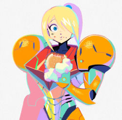 Rule 34 | 1girl, :t, arm cannon, armor, blonde hair, blue eyes, denaseey, eating, flat color, food, food on face, hair over one eye, burger, unworn headwear, helmet, unworn helmet, high ponytail, holding, holding food, looking at viewer, metroid, mole, mole under mouth, nintendo, paper texture, ponytail, power armor, power suit, samus aran, shoulder pads, sidelocks, simple background, solo, varia suit, weapon, white background