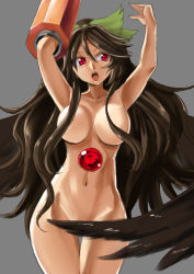 Rule 34 | 1girl, abe ranzu, arm cannon, arms up, black hair, bow, breasts, convenient censoring, female focus, hair bow, hair censor, large breasts, long hair, navel, nude, open mouth, red eyes, reiuji utsuho, simple background, solo, touhou, weapon, wing censor, wings