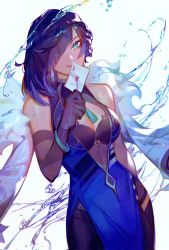 Rule 34 | 1girl, blue eyes, blue hair, breasts, card, clothing request, dress, elodeas, genshin impact, highres, holding, holding card, large breasts, looking at viewer, mole, mole on breast, playing card, queen (playing card), queen of hearts (playing card), revealing clothes, smile, solo, thighhighs, water, yelan (genshin impact)