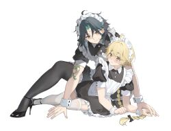 Rule 34 | 2boys, absurdres, aether (genshin impact), apron, arm tattoo, black footwear, black hair, black thighhighs, blonde hair, blush, braid, closed mouth, earrings, genshin impact, green hair, hair between eyes, high heels, highres, jewelry, long hair, maid, maid apron, maid headdress, male focus, multicolored hair, multiple boys, tattoo, thighhighs, trap, white thighhighs, xiao (genshin impact), yaoi, yellow eyes, yuki (miyuki kii)