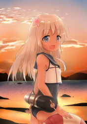 Rule 34 | 10s, 1girl, :d, ass, blue eyes, commentary request, flower, from side, hair flower, hair ornament, highres, horizon, kantai collection, lifebuoy, long hair, looking at viewer, looking to the side, ocean, open mouth, racchi., ro-500 (kancolle), school swimsuit, school uniform, serafuku, silver hair, smile, solo, swim ring, swimsuit, swimsuit under clothes, torpedo, twilight