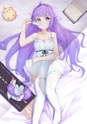 Rule 34 | 1girl, ahoge, alternate costume, alternate hairstyle, azur lane, bare shoulders, bed sheet, bird, blunt bangs, book, casual, chick, collarbone, commentary request, dress, flight deck, food, from above, hair down, highres, holding, long hair, looking at viewer, looking up, lying, manjuu (azur lane), parted lips, popsicle, purple eyes, purple hair, sidelocks, spaghetti strap, thighhighs, umiya mizuki, unicorn (azur lane), white dress, white thighhighs, zettai ryouiki