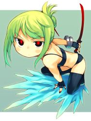 Rule 34 | 1girl, arm support, bachera, bangle, black eyes, black gloves, black panties, black thighhighs, boots, bracelet, bright pupils, camisole, crop top, fingerless gloves, fingernails, foreshortening, full body, gloves, green hair, hair ornament, hair stick, hair up, highres, ice, jewelry, kneeling, leaning forward, long fingernails, looking at viewer, nail polish, original, panties, red eyes, simple background, solo, sword, thigh boots, thighhighs, underwear, weapon