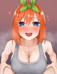 Rule 34 | 1boy, 1girl, :d, amog, blue eyes, breasts, cleavage, commentary request, go-toubun no hanayome, green hairband, grey sports bra, hairband, handsfree paizuri, heart, hetero, large breasts, looking at viewer, nakano yotsuba, open mouth, orange hair, paizuri, paizuri under clothes, pov, pov crotch, short hair, simple background, smile, sports bra, steaming body, sweat, teeth, upper teeth only