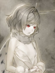 Rule 34 | 1boy, antennae, bug, english text, bug, male focus, monochrome, moth, open mouth, original, personification, red eyes, scarf, short hair, solo, spot color, trap, wings