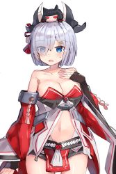 Rule 34 | 1girl, anchor, azur lane, bare shoulders, black gloves, blue eyes, blush, breasts, cleavage, collarbone, cosplay, cowboy shot, dated, detached sleeves, elbow gloves, eyes visible through hair, gloves, hair ornament, hair over one eye, hairclip, hamakaze (azur lane), hamakaze (azur lane) (cosplay), hamakaze (kancolle), highres, historical name connection, horns, kantai collection, logo, looking at viewer, name connection, navel, nonon (xenonbot), short hair, silver hair, simple background, solo, white background