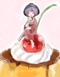 Rule 34 | 1girl, ^ ^, barefoot, blush, bowl, bowl hat, cherry, closed eyes, eating, closed eyes, food, fruit, full body, furorida, hat, heart, in food, japanese clothes, pudding, purple hair, short hair, simple background, sitting, sitting on object, sketch, smile, solo, spoon, sukuna shinmyoumaru, touhou, wide sleeves