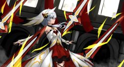 Rule 34 | 1girl, bare shoulders, blue eyes, closed mouth, commentary, detached sleeves, dress, english commentary, fenistia, highres, honkai (series), honkai impact 3rd, long hair, solo, sword, theresa apocalypse, theresa apocalypse (celestial hymn), veil, weapon, white dress, white hair, white sleeves