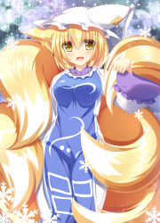 Rule 34 | 1girl, :d, animal ears, blue background, blush, breasts, bug, butterfly, dress, fox ears, fox tail, gradient background, hair between eyes, hand up, hat, hat with ears, highres, insect, light blush, liya, long sleeves, looking at viewer, medium breasts, multiple tails, open mouth, paw pose, smile, snowflakes, solo, tabard, tail, touhou, white dress, yakumo ran, yellow eyes