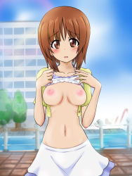 Rule 34 | 10s, 1girl, blue shirt, blue skirt, blurry, blurry background, blush, breasts, brown eyes, brown hair, camisole, clothes lift, cloud, cloudy sky, cowboy shot, day, girls und panzer, highres, jacket, lifting own clothes, light frown, light smile, looking at viewer, medium breasts, miniskirt, misakichi (fechisupi777), navel, nipples, nishizumi miho, no bra, open mouth, outdoors, shirt, shirt lift, short hair, short sleeves, skirt, skirt set, sky, solo, spaghetti strap, standing, sweatdrop, yellow jacket