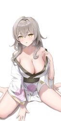 Rule 34 | 1girl, absurdres, alternate costume, bare shoulders, barefoot, breasts, cleavage, commentary request, floral print, grey hair, highres, honkai: star rail, honkai (series), japanese clothes, kimono, large breasts, long hair, long sleeves, looking at viewer, muu maa muu, off shoulder, parted lips, short kimono, simple background, sitting, solo, stelle (honkai: star rail), thighs, trailblazer (honkai: star rail), wariza, white background, white kimono, wide sleeves, yellow eyes