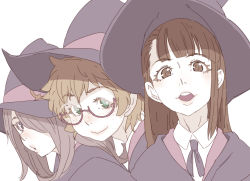 Rule 34 | 3girls, brown eyes, brown hair, closed mouth, commentary, glasses, green eyes, hair over one eye, hat, highres, kagari atsuko, lips, little witch academia, long hair, looking at viewer, lotte jansson, multiple girls, one eye covered, open mouth, pale color, purple eyes, semi-rimless eyewear, short hair, simple background, smile, sucy manbavaran, tasaka shinnosuke, under-rim eyewear, white background, witch hat