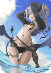 Rule 34 | 1girl, :d, absurdres, bikini, black bikini, black jacket, breasts, cloud, cloudy sky, cropped jacket, fate/grand order, fate (series), fish bottle, gluteal fold, hands up, highres, jacket, long hair, low wings, melusine (fate), melusine (swimsuit ruler) (fate), melusine (swimsuit ruler) (first ascension) (fate), navel, open mouth, outdoors, ponytail, pubic tattoo, sidelocks, sky, small breasts, smile, solo, swimsuit, tail, tattoo, tying hair, water, white hair, wings, yellow eyes, yyano4691