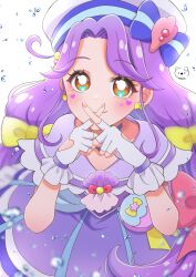 Rule 34 | 1girl, absurdres, bow, bow earrings, brown eyes, capelet, choker, clothing cutout, cure coral, earrings, facial mark, hair bow, hat, heart, heart cutout, heart facial mark, heart in eye, highres, jewelry, long hair, magical girl, moro precure, multi-tied hair, multiple hair bows, pouch, precure, purple capelet, purple choker, purple hair, sailor hat, smile, solo, suzumura sango, symbol in eye, tropical-rouge! precure, very long hair, x fingers, yellow bow