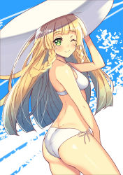 Rule 34 | 1girl, ;&gt;, alternate color, arched back, ass, bare shoulders, bikini, blunt bangs, blush, braid, breasts, bright pupils, butt crack, cowboy shot, creatures (company), cropped legs, from side, front braid, game freak, hachirobe, hand on headwear, hat, lillie (pokemon), long hair, looking at viewer, nintendo, nose blush, one eye closed, pokemon, pokemon sm, shiny skin, side-tie bikini bottom, side braid, smile, solo, swimsuit, thighs, twin braids, white bikini, white hat
