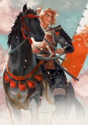 Rule 34 | 1boy, armor, blue sky, commentary request, dou, dust cloud, falling petals, feet out of frame, flag, highres, horse, horseback riding, japanese armor, katana, male focus, mcmeao, orange hair, original, outdoors, parted lips, petals, riding, samurai, scabbard, sheath, shoulder armor, sky, solo, sword, thick eyebrows, topknot, vambraces, weapon