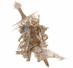 Rule 34 | 1boy, 1girl, architecture, armor, belt, blocter, blonde hair, building, coat, creature, david nassau, emma honeywell, expressionless, floating hair, flower, full body, gun, hair over one eye, looking away, moi (pixiv), overcoat, pagus, silhouette, standing, sword, the last remnant, torgal, weapon