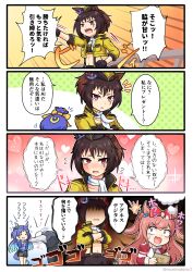 Rule 34 | 1boy, 3girls, 4koma, ?, ^^^, absurdres, agnes digital (umamusume), animal ears, aqua hair, ascot, black gloves, black shorts, blue eyes, blue hair, blue jacket, blush, bow, bowing, brown hair, byerley turk (umamusume), closed eyes, comic, commentary request, confession, cropped jacket, crossed arms, drawing, ear covers, ear ornament, garrison cap, gloves, godolphin barb (umamusume), gradient background, gradient hair, green background, hair bow, hand on own cheek, hand on own face, hat, heart, heart background, heartbeat, highres, holding, holding sketchbook, horse ears, horse girl, horse tail, imagining, jacket, long hair, midriff, military jacket, morinokino1, motion lines, multicolored hair, multiple boys, multiple girls, navel, notice lines, open mouth, orange background, pink background, pink hair, polka dot, polka dot background, purple eyes, red bow, red jacket, scar, scar across eye, shaded face, short hair, shorts, sideways glance, sketchbook, speech bubble, suspenders, sweatdrop, tail, thought bubble, track jacket, trainer (umamusume), translation request, two-tone hair, two side up, umamusume, vest, white ascot, yellow headwear, yellow jacket
