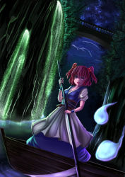 Rule 34 | 1girl, :d, boat, breasts, bridge, hair bobbles, hair ornament, hitodama, holding, holding weapon, japanese clothes, looking at viewer, luke (kyeftss), medium breasts, night, night sky, obi, onozuka komachi, open mouth, puffy short sleeves, puffy sleeves, red eyes, red hair, sash, scythe, short sleeves, sky, smile, solo, star (sky), starry sky, touhou, two side up, under bridge, water, watercraft, waterfall, weapon, wrist cuffs