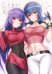 Rule 34 | 2girls, alternate color, asymmetrical docking, bare arms, bare shoulders, belt, black legwear, blue hair, blunt bangs, blush, bracelet, breast press, breasts, cameltoe, camisole, cleavage, closed mouth, collarbone, covered navel, cowboy shot, creatures (company), crotch seam, dual persona, game freak, gloves, gluteal fold, gym leader, hair between eyes, halftone, halftone background, hand on another&#039;s hip, head tilt, hizuki akira, jewelry, legs together, long hair, long sleeves, looking at viewer, medium breasts, multiple girls, navel, nintendo, no panties, pantyhose, parted lips, pink skirt, pokemon, pokemon frlg, pokemon hgss, purple hair, red eyes, sabrina (pokemon), shiny skin, shirt, skin tight, skirt, sleeveless, smile, spaghetti strap, standing, stomach, taut clothes, taut shirt, thigh gap, tsurime, very long hair, white gloves