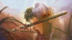 Rule 34 | 2boys, black hair, blue eyes, blurry, carrying, cloud, crescent moon, day, depth of field, eyelashes, closed eyes, fangs, field, grey hair, hair between eyes, highres, holding, holding sword, holding weapon, injury, leaning forward, light particles, long sleeves, looking at another, male focus, medium hair, messy hair, moon, mouth hold, multiple boys, mushiaki mushikera, nature, outdoors, piggyback, rainbow, ro ensei, robe, saiunkoku monogatari, sash, sheath, sheathed, shi seiran, short hair, sideways glance, sky, sleeveless, sword, teeth hold, toned, toned male, torn clothes, torn sleeves, unconscious, weapon