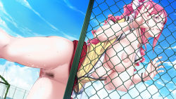 Rule 34 | 1girl, breasts, breasts out, censored, clothes lift, cloud, fence, game cg, glasses, highres, kusukawa suzune, large breasts, legs, long hair, nipples, no bra, no panties, open clothes, open shirt, p/a: potential ability, pink eyes, pink hair, pubic hair, pussy, school uniform, sei shoujo, shirt, skirt, skirt lift, sky, smile, sweat, thighs, wet