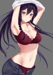 Rule 34 | 1girl, absurdres, armpits, bare shoulders, black hair, blush, bra, breasts, cleavage, clothes lift, collarbone, commentary request, cowboy shot, denim, grey background, groin, hair between eyes, highres, idolmaster, idolmaster shiny colors, large breasts, lingerie, long hair, looking at viewer, navel, open fly, panties, pants, ponytail, purple bra, purple panties, shirase sakuya, shirt, shirt lift, sidelocks, simple background, solo, standing, stomach, strap gap, underwear, undressing, white shirt, yellow eyes, yigra don