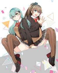 Rule 34 | 2girls, aqua eyes, aqua hair, ascot, black footwear, blazer, blue eyes, breasts, brown hair, brown jacket, brown skirt, brown thighhighs, cardigan, collared shirt, hair between eyes, hair ornament, hairclip, jacket, kantai collection, kumano (kancolle), kumano kai ni (kancolle), long hair, long sleeves, looking at viewer, medium breasts, multiple girls, neckerchief, open cardigan, open clothes, open mouth, pleated skirt, ponytail, red neckerchief, school uniform, shirt, sitting, skirt, small breasts, smile, striped clothes, striped thighhighs, suzuya (kancolle), suzuya kai ni (kancolle), teramoto kaoru, thighhighs, white background
