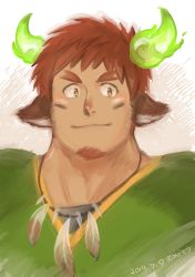 Rule 34 | 1boy, animal ears, beard, blush, brown hair, facial hair, feathers, fiery horns, forked eyebrows, glowing horns, horns, looking at viewer, male focus, pole2walker2, sketch, smile, solo, sportswear, thick eyebrows, tokyo houkago summoners, upper body, wakan tanka
