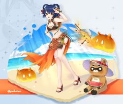 Rule 34 | 1girl, :d, absurdres, alternate costume, backpack, bag, beach, bear, bell, black hair, blue sky, blunt bangs, bracelet, braid, breasts, cleavage, cloud, cloudy sky, commentary request, food, fruit, full body, genshin impact, guoba (genshin impact), hair bell, hair ornament, hairclip, hat, high heels, highres, horizon, jewelry, long hair, looking at viewer, midriff, navel, ocean, open mouth, pochaimo, red panda, salute, sidelocks, sitting, sky, slime (genshin impact), smile, standing, sun hat, sunlight, twin braids, vision (genshin impact), watermelon, watermelon slice, xiangling (genshin impact), yellow eyes