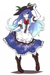 Rule 34 | 1girl, blue hair, blush, boots, bow, bowtie, clothes lift, dress, dress lift, flat color, food, fruit, full body, gradient hair, hat, hinanawi tenshi, long hair, miata (miata8674), multicolored hair, one eye closed, peach, puffy sleeves, red eyes, ribbon, short sleeves, simple background, smile, solo, touhou, white background, zipper