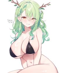 Rule 34 | 1girl, bare shoulders, bikini, black bikini, blush, bottomless, breasts, ceres fauna, cleavage, collarbone, commentary, english commentary, flower, green hair, hair between eyes, hair branch, hair flower, hair ornament, highres, hololive, hololive english, large breasts, looking at viewer, miyuchiq, mole, mole under eye, multicolored hair, navel, simple background, smile, solo, stomach, streaked hair, swimsuit, thighs, white background, white flower, yellow eyes