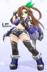 Rule 34 | 10s, 1girl, adapted costume, alternate costume, black gloves, black thighhighs, boots, bow, breasts, brown hair, character name, company name, cross-laced footwear, detached sleeves, fingerless gloves, full body, gloves, gradient background, green eyes, gun, hair between eyes, hair bow, hair ribbon, handgun, hexagon, highres, if (neptunia), jacket, karukan, karukan (monjya), long hair, looking at viewer, looking down, md5 mismatch, midriff, navel, neptune (series), pistol, resolution mismatch, ribbon, shadow, shiny clothes, shiny skin, shorts, side ponytail, silhouette, solo, source larger, standing, thighhighs, weapon
