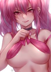 Rule 34 | 1girl, :q, absurdres, azur lane, bare shoulders, bikini, black choker, blue hair, blush, breasts, bremerton (azur lane), choker, collarbone, commentary request, ear piercing, hair between eyes, hand up, highres, hua-j, large breasts, long hair, looking at viewer, multicolored hair, piercing, pink bikini, pink eyes, pink hair, sidelocks, solo, strap slip, streaked hair, swimsuit, tongue, tongue out, twintails, underboob, upper body, white background