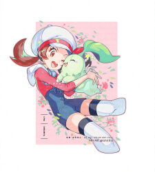 1girl ;d blue_overalls brown_eyes brown_hair cabbie_hat chikorita creatures_(company) game_freak gen_2_pokemon hat highres hug kusuribe looking_at_another lyra_(pokemon) nintendo one_eye_closed open_mouth overalls pokemon pokemon_(creature) pokemon_hgss red_shirt shirt smile teeth thighhighs twintails twitter_username upper_teeth_only white_hat white_thighhighs