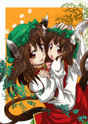 Rule 34 | 2girls, :p, aged up, animal ears, brown hair, cat ears, cat girl, cat tail, chen, dual persona, earrings, female focus, hat, hug, izuna nie, jewelry, long hair, looking at viewer, md5 mismatch, multiple girls, multiple tails, red eyes, resolution mismatch, single earring, smile, source larger, tail, tongue, tongue out, touhou