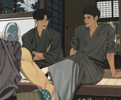 Rule 34 | 2boys, black eyes, black hair, black kimono, cowboy shot, crossed arms, crossed legs, day, electric fan, eye contact, glasses, japanese clothes, japtangtang2, kimono, kogure kiminobu, looking at another, male focus, mitsui hisashi, multiple boys, outdoors, porch, scar, scar on chin, scar on face, shade, short hair, slam dunk (series), sleeves rolled up, smile