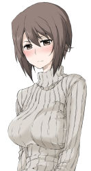 Rule 34 | 10s, 1girl, blush, brown eyes, brown hair, casual, closed mouth, elf (stroll in the woods), embarrassed, girls und panzer, highres, light frown, long sleeves, looking at viewer, nishizumi maho, ribbed shirt, shirt, short hair, simple background, solo, standing, turtleneck, upper body, white background, white shirt