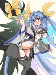 Rule 34 | 1girl, angel wings, asymmetrical wings, bare shoulders, blue hair, bow, detached sleeves, dizzy (guilty gear), guilty gear, guilty gear xrd, hair ribbon, hair rings, highres, long hair, midriff, monster girl, navel, red eyes, ribbon, ruiruilui1001, solo, tail, tail bow, tail ornament, tail ribbon, thigh gap, thigh strap, thighhighs, thighs, twintails, wings, yellow ribbon