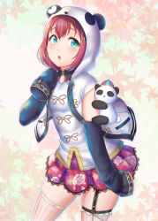 Rule 34 | 1girl, :o, absurdres, animal hood, aqua eyes, autumn leaves, backpack, bag, blush, chinese clothes, cowboy shot, detached sleeves, floral print, garter straps, hair ornament, hairclip, hat, heart, highres, hood, hood up, hooded jacket, jacket, kurosawa ruby, lace, lace-trimmed skirt, lace trim, leaf, leaf background, leaning forward, looking at viewer, love live!, love live! school idol festival, love live! sunshine!!, miniskirt, open clothes, open jacket, open mouth, panda hood, pink skirt, pink thighhighs, rama (yu-light8), red hair, rose print, short hair, short sleeves, single garter strap, skirt, sleeves past fingers, sleeves past wrists, solo, striped clothes, striped thighhighs, stuffed animal, stuffed panda, stuffed toy, thighhighs, vertical-striped clothes, vertical-striped thighhighs, white jacket, white thighhighs, zettai ryouiki